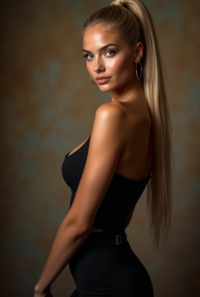 a very realistic and detailed portrait of beautiful french girl, tight black skirt perfect makeup, long sleek straight ponytail blonde hair, high quality, photorealistic, 8k, luxury, elegant, sophisticated, confident, studio lighting, cinematic, glowing skin, piercing green eyes, full lips, sharp focus, olive skin 