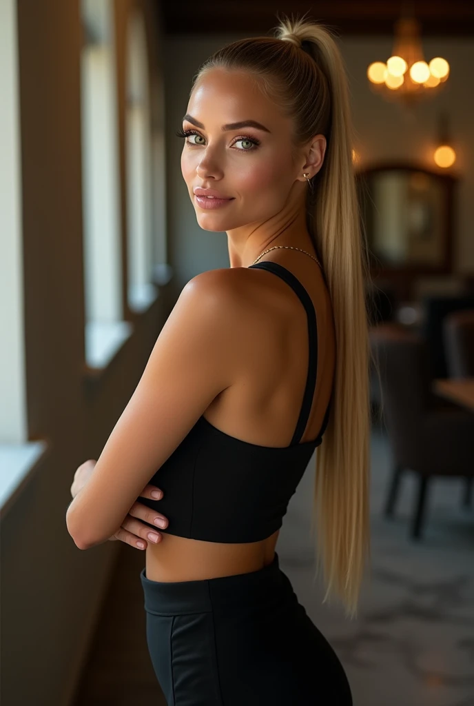 a very realistic and detailed portrait of beautiful french girl, tight black skirt perfect makeup, long sleek straight ponytail blonde hair, high quality, photorealistic, 8k, luxury, elegant, sophisticated, confident, studio lighting, cinematic, glowing skin, piercing green eyes, full lips, sharp focus, olive skin 