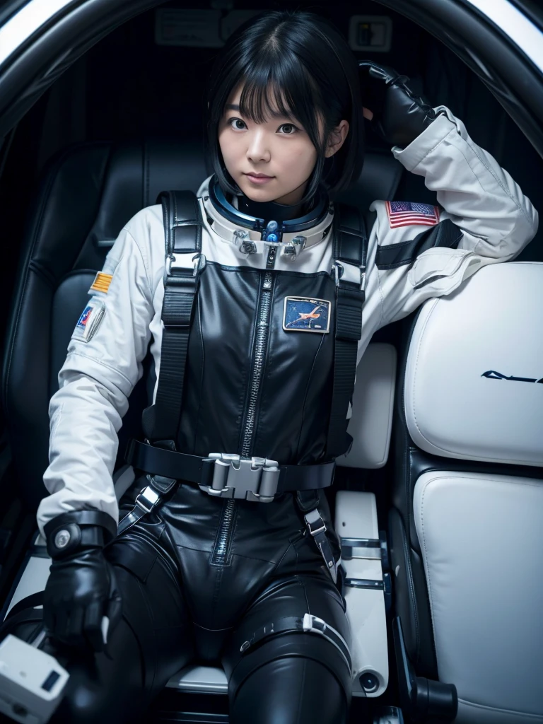 Japanese female astronaut,Black Hair,The spaceship's cockpit,Fully secured in the seat by a harness,A tight-fitting space suit,