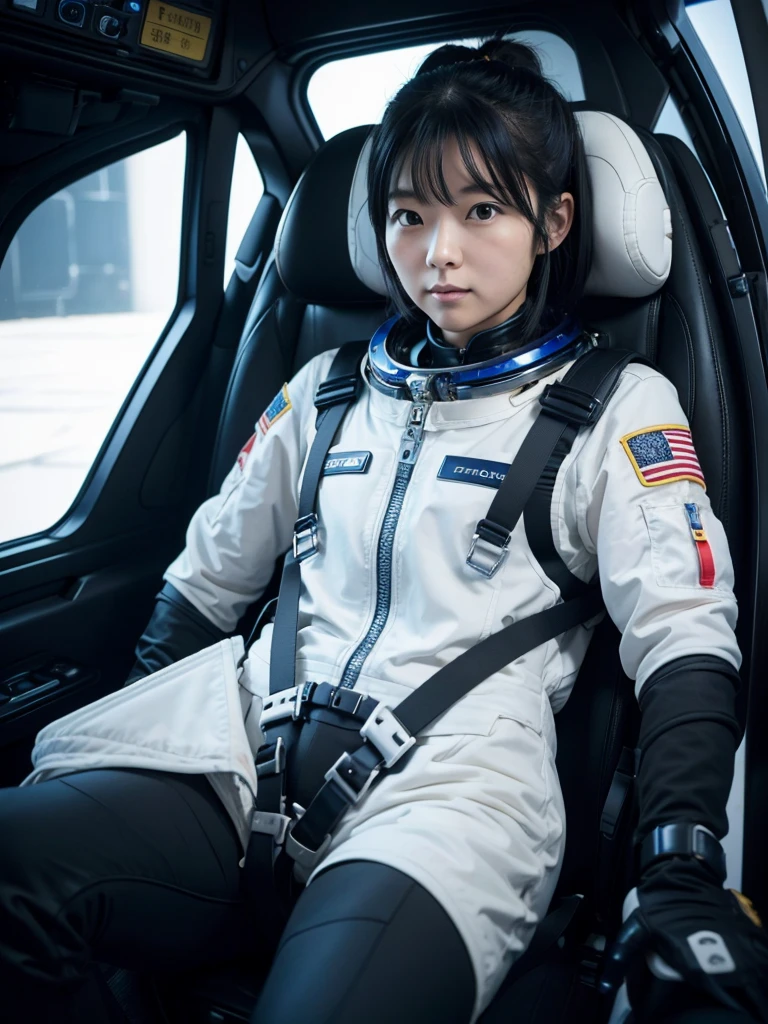 Japanese female astronaut,Black Hair,The spaceship's cockpit,Fully secured in the seat by a harness,A tight-fitting space suit,