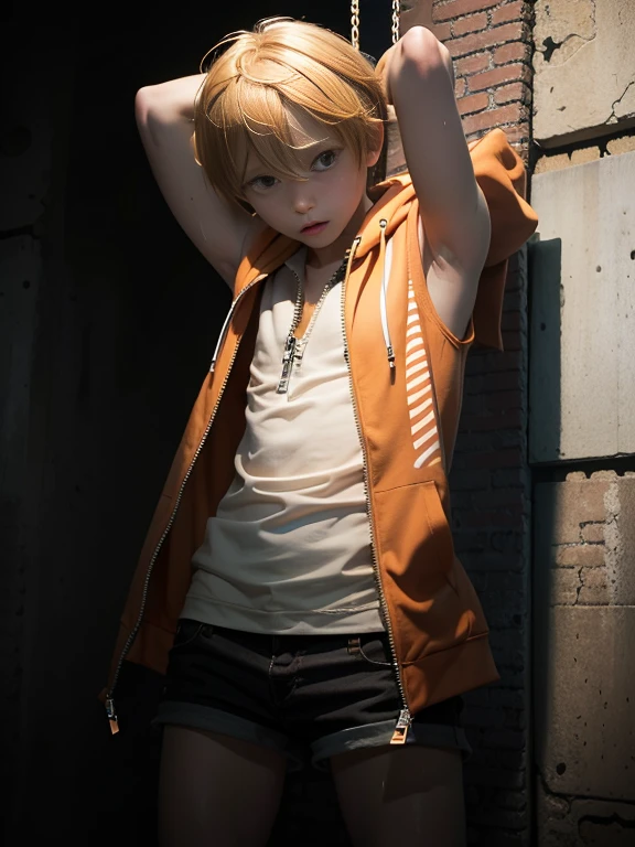 High resolution, masterpiece, The best quality at its best,最high quality,high quality, Height Details, One person, Shota, blonde, Orange hoodie with red stripes, Sleeveless hoodie, Open the zipper, BDSM, Tie your wrists, (Very young), (Very small and short body), S, Sweat