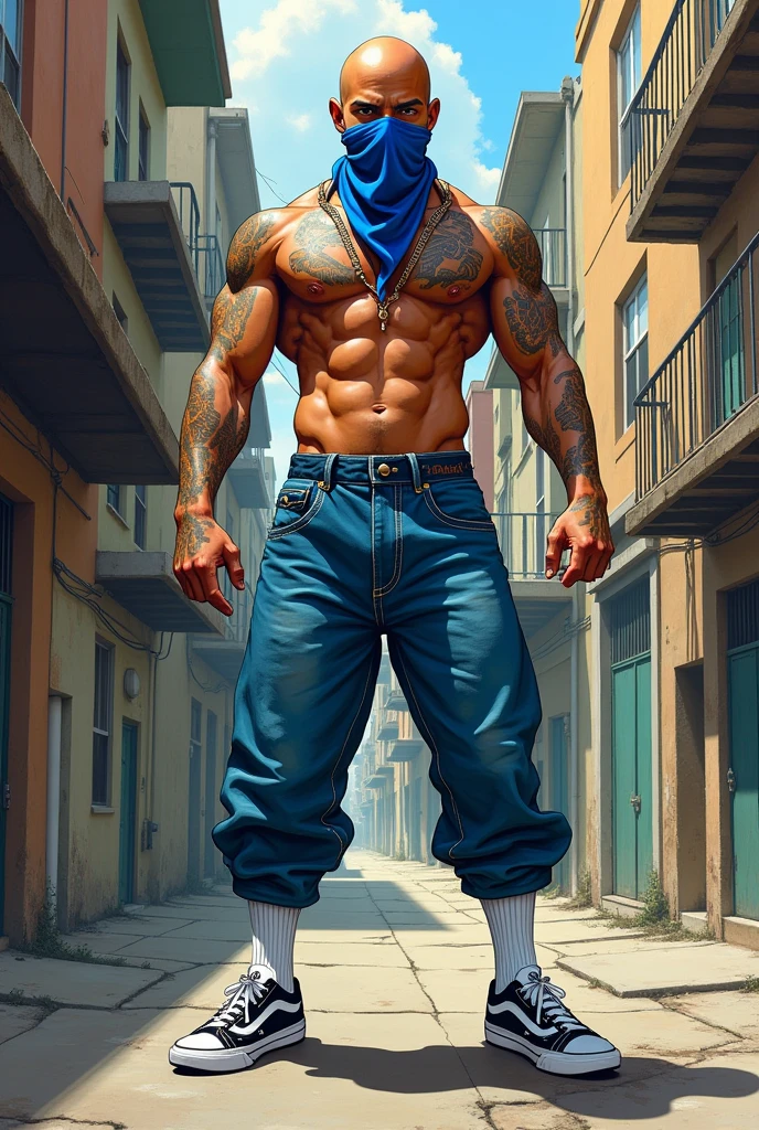 Cholo attire, mexican gang, 1guy,((( baggy jeans short ))), white socks, sneakers, blue bandana, bald head, American Superhero Comic-style