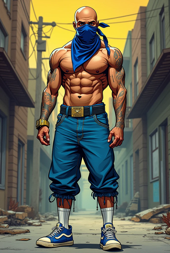 Cholo attire, mexican gang, 1guy,((( baggy jeans short ))), white socks, sneakers, blue bandana, bald head, American Superhero Comic-style