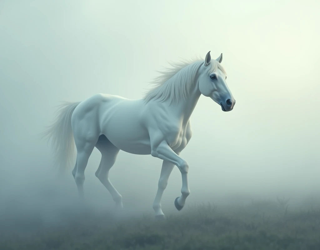 A white horse disappears into the mist towards the horizon