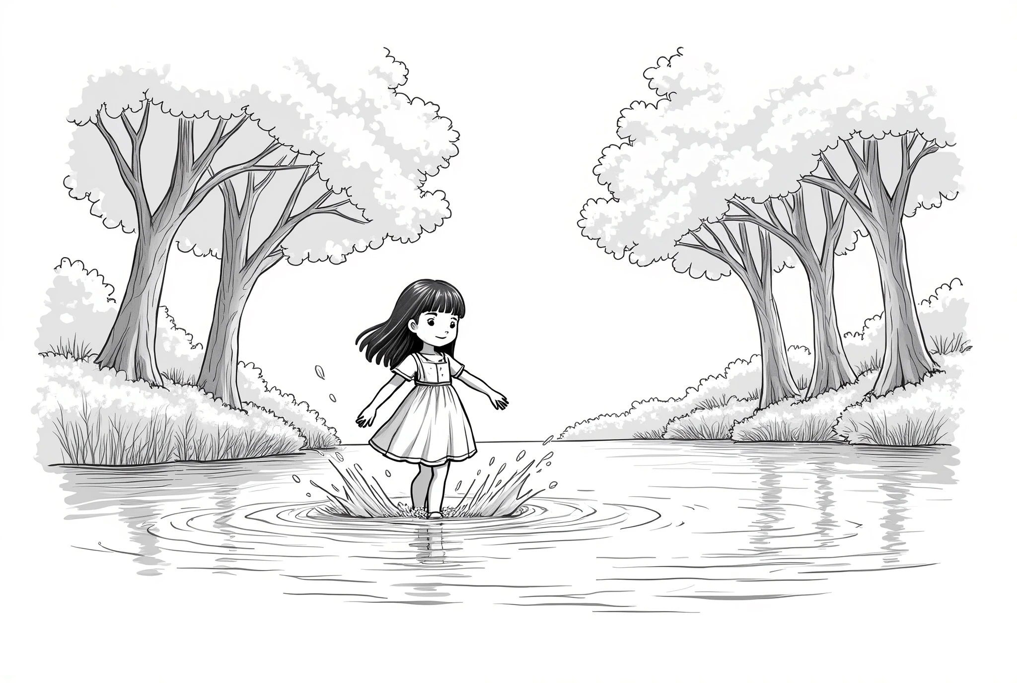 A young girl wearing frock splashing playfully in a calm river, surrounded by tall trees. Sunlight on the water's surface, high quality image, black and white line art image