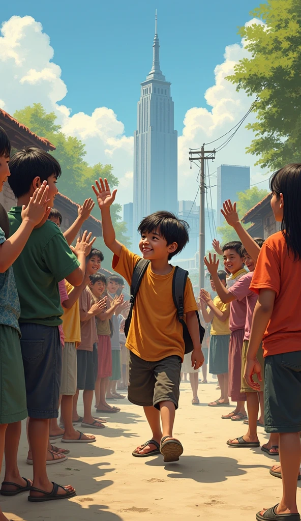 The poor boy went to the capital to take the exam., The villagers happily said goodbye.