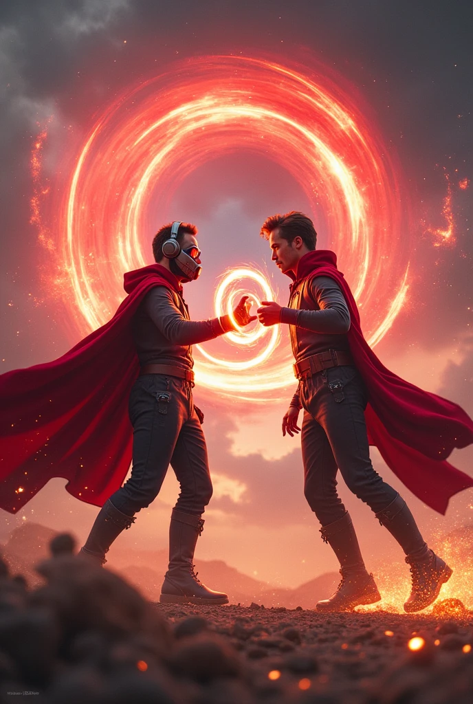 Young Star-lord with red hoodie, headphones, star-lord helmet, gas helmet, covered mouth, round red eyes, Red eyes, magic rings in the hands and rocket boots & Doctor strange , Fighting, power, fiction, full body, 2 person, magic lasso, hight, fall, fire in boots, poweful spells, fighting, realistic, helmet, mask, red cape, confrontation, punch, gun, flying in the sky, red magic portal,