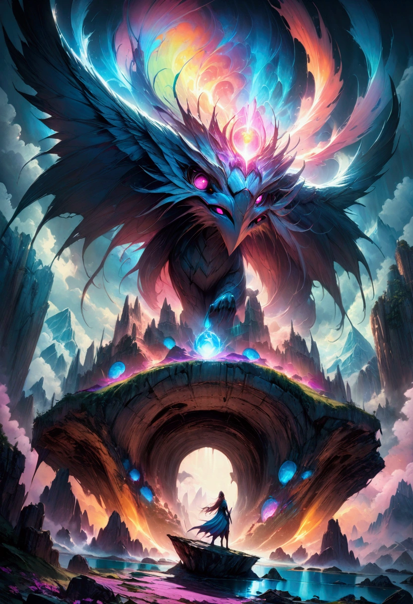 a stunning epic fantasy landscape, dramatic mountains, glowing magical portal, mystical ancient ruins, ethereal light beams, fantastical creatures, breathtaking cinematic composition, vibrant colors, dramatic lighting, highly detailed, photorealistic, 8k, best quality, masterpiece