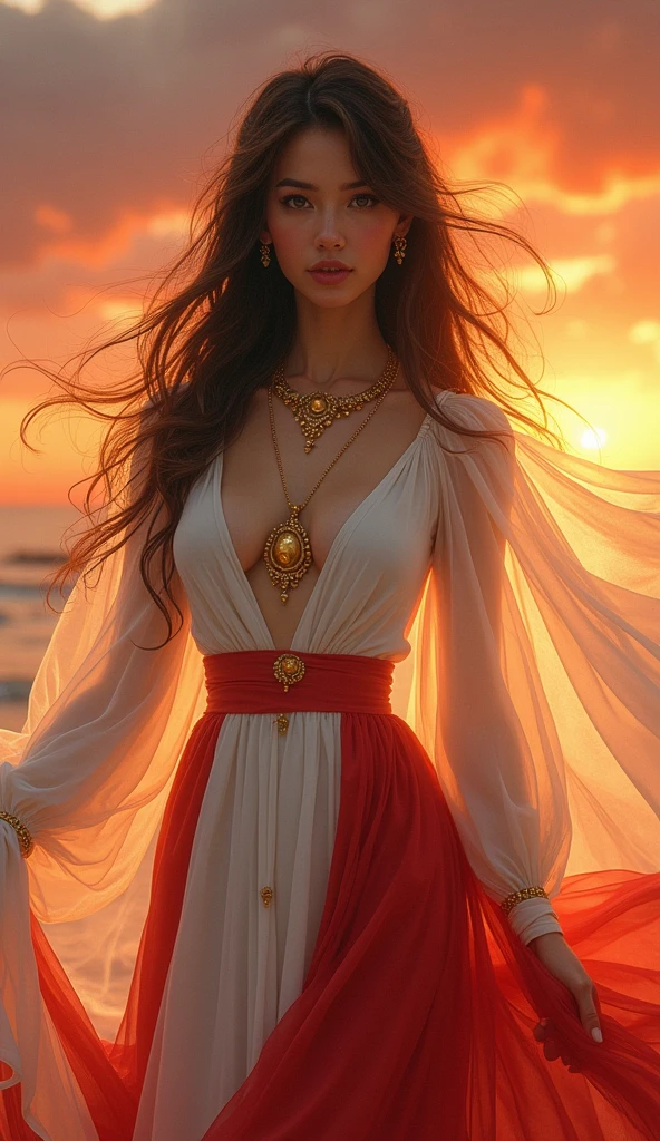 A beautiful woman with long flowing hair, wearing a white and red dress adorned with gold jewelry, standing against a fiery sunset, her veil flowing in the wind, [fantasy art, ethereal], [reference:  Yoshitaka Amano], [soft lighting, warm color palette, focus on the woman, blurred background]