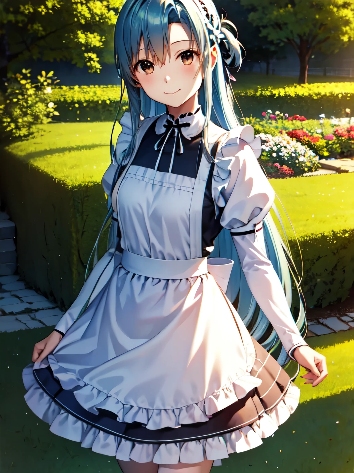 Highest quality, High resolution, unity 8k wallpaper,field、Absolute reference to the center、asuna、Standing 、alone、Light blue hair、Long Hair、skirt, ビクトリア朝Maid clothes、Maid clothes、白いMaid clothes、Gothic style,garden,Closed Mouth、smile、