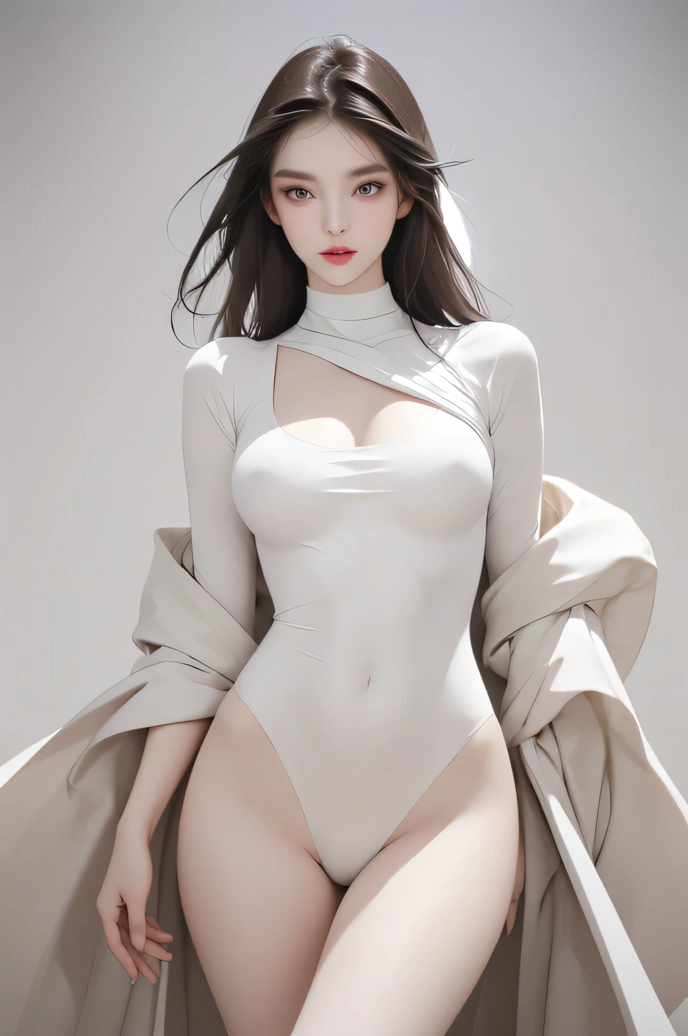 (Face Shape: Round face),(Eyes: Icy gaze that exudes modern sophistication, accented by dark and deep eyeshadow and muted eye color),(Nose: Mature and aloof, enhancing the overall sense of modernity),(Mouth: Neutral lips that hint at emotional detachment),(Skin: pure skin),(Figure:wide hip, thigh gap, small breast, slender), (Overall Impression: korea young woman)