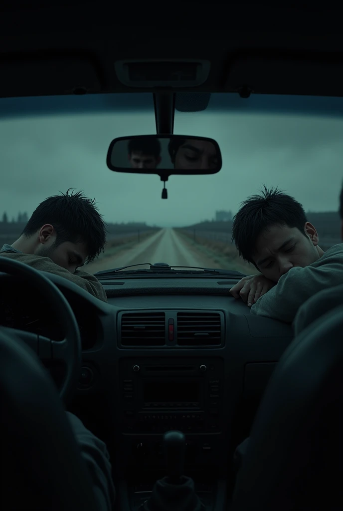 The view from the front of the car.2 men sleeping while sitting in the car.scary situation