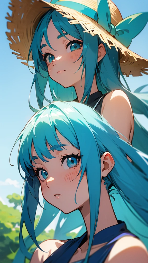 Blue haired anime girl in a straw hat and blue dress, artwork in the style of Gwaiz, Beautiful anime portraits, Gwaiz, Beautiful Anime Girls, beautiful Anime Style, Turquoise hair anime girl, Anime Style. 8k, In the art style of Bouwater, Beautiful digital illustrations, Beautiful character drawings, Stunning Anime Face Portraits