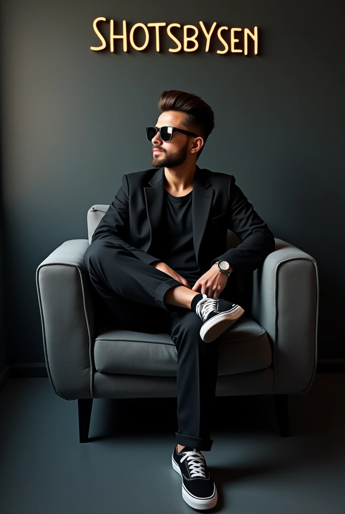 A 1 ager semi chubby, beard, classic taper hair, sunglasses black, writing a black formal shirt and black blazer is sitting on a sofa with one leg up a pair of black and write lace sneakers sitting on a small gray color single sofa dark wall behind light white light shadow coming name written on the wall with capital letters slightly curved 3D text ."SHOTSBYSEN"