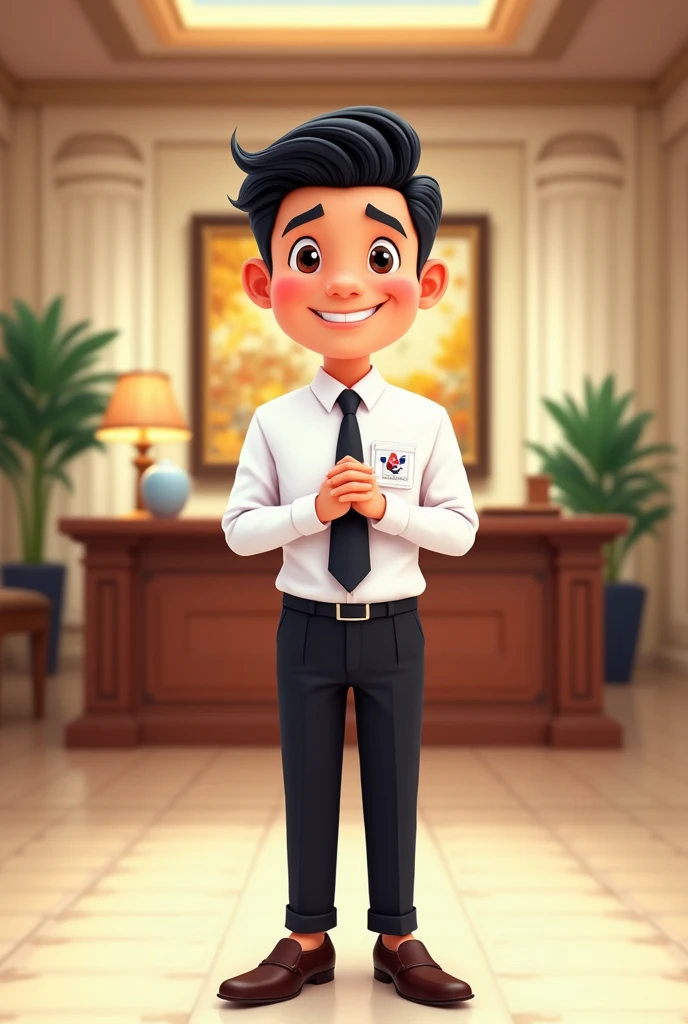 image of a man wearing formal clothes as a hotel receptionist or hotel front office, loafer shoes, black hair, smile, hands in front of chest, cartoon image