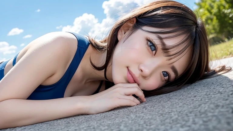 Lying on the ground、A girl looks at the sky on a beautiful day with clouds slowly passing by