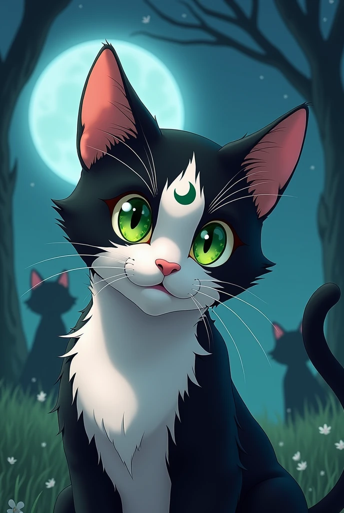 Un chat couleur tuxedo avec le blanc jusqu'entre les yeux aux yeux verts avec une lune sur le front. Avec luna et Artemis de sailor moon. Le manga.