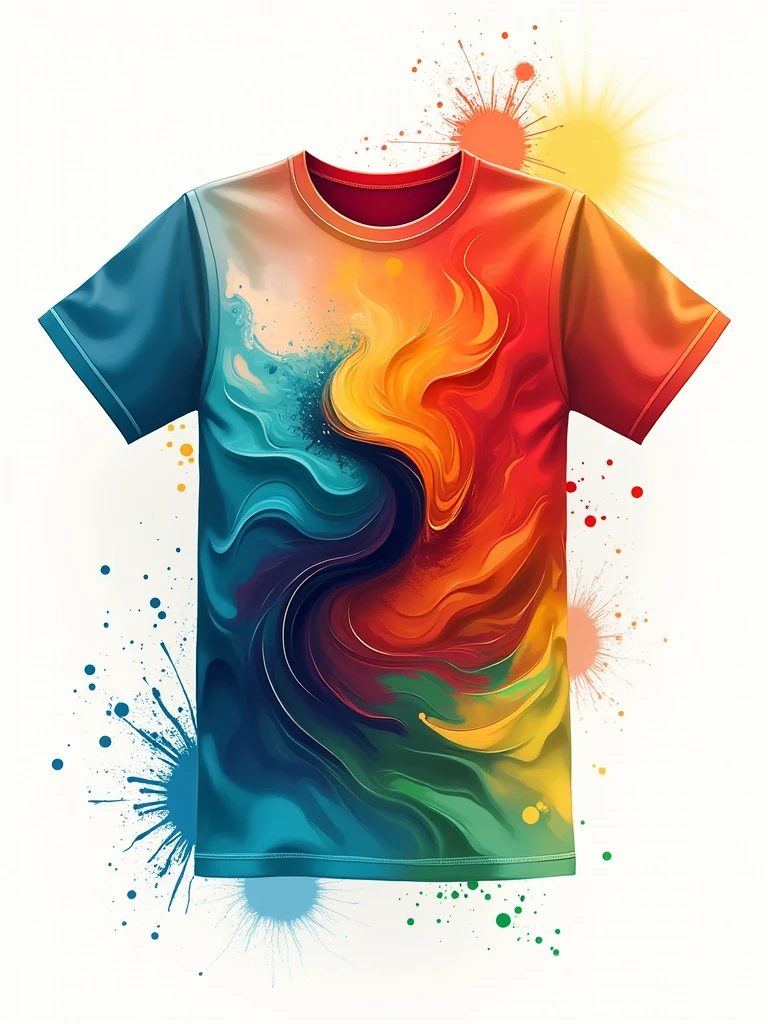 Abstract colorful design for a t-shirt. A vibrant mix of swirling shapes and splashes of color, with dynamic lines and gradients. The composition should evoke energy and creativity, with a harmonious blend of bold colors like red, blue, yellow, and green. Include subtle textures and layers that add depth to the design. The overall aesthetic is modern, lively, and eye-catching. No background, the design should be transparent and ready to be placed directly on the t-shirt fabric.