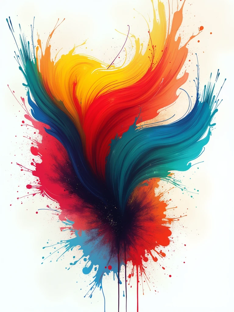 Abstract colorful design for a t-shirt. A vibrant mix of swirling shapes and splashes of color, with dynamic lines and gradients. The composition should evoke energy and creativity, with a harmonious blend of bold colors like red, blue, yellow, and green. Include subtle textures and layers that add depth to the design. The overall aesthetic is modern, lively, and eye-catching. No background, the design should be transparent and ready to be placed directly on the t-shirt fabric.