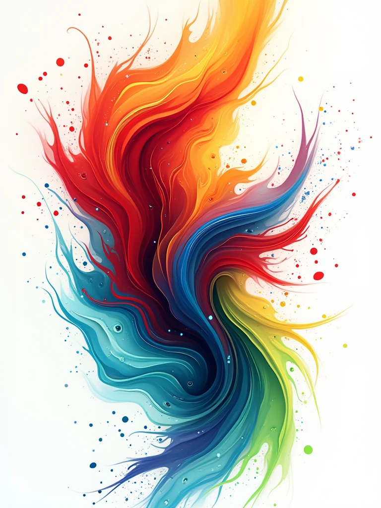 Abstract colorful design for a t-shirt. A vibrant mix of swirling shapes and splashes of color, with dynamic lines and gradients. The composition should evoke energy and creativity, with a harmonious blend of bold colors like red, blue, yellow, and green. Include subtle textures and layers that add depth to the design. The overall aesthetic is modern, lively, and eye-catching. No background, the design should be transparent and ready to be placed directly on the t-shirt fabric.