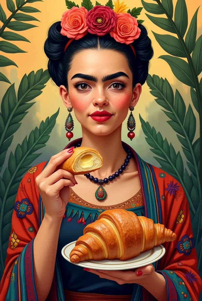 Frida illustration with a real crossant in her hand