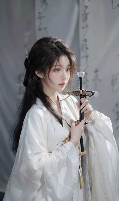 Beautiful Japanese Waifu, brown hair, White traditional Chinese dress, Sword touching the body