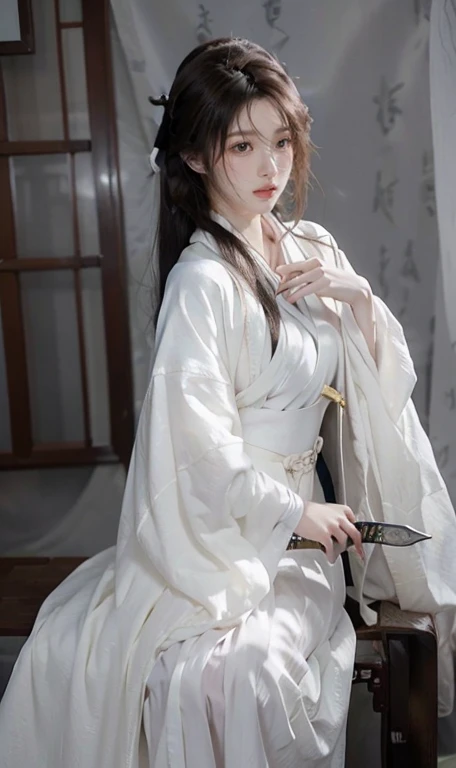 Beautiful Japanese Waifu, brown hair, White traditional Chinese dress, Sword touching the body