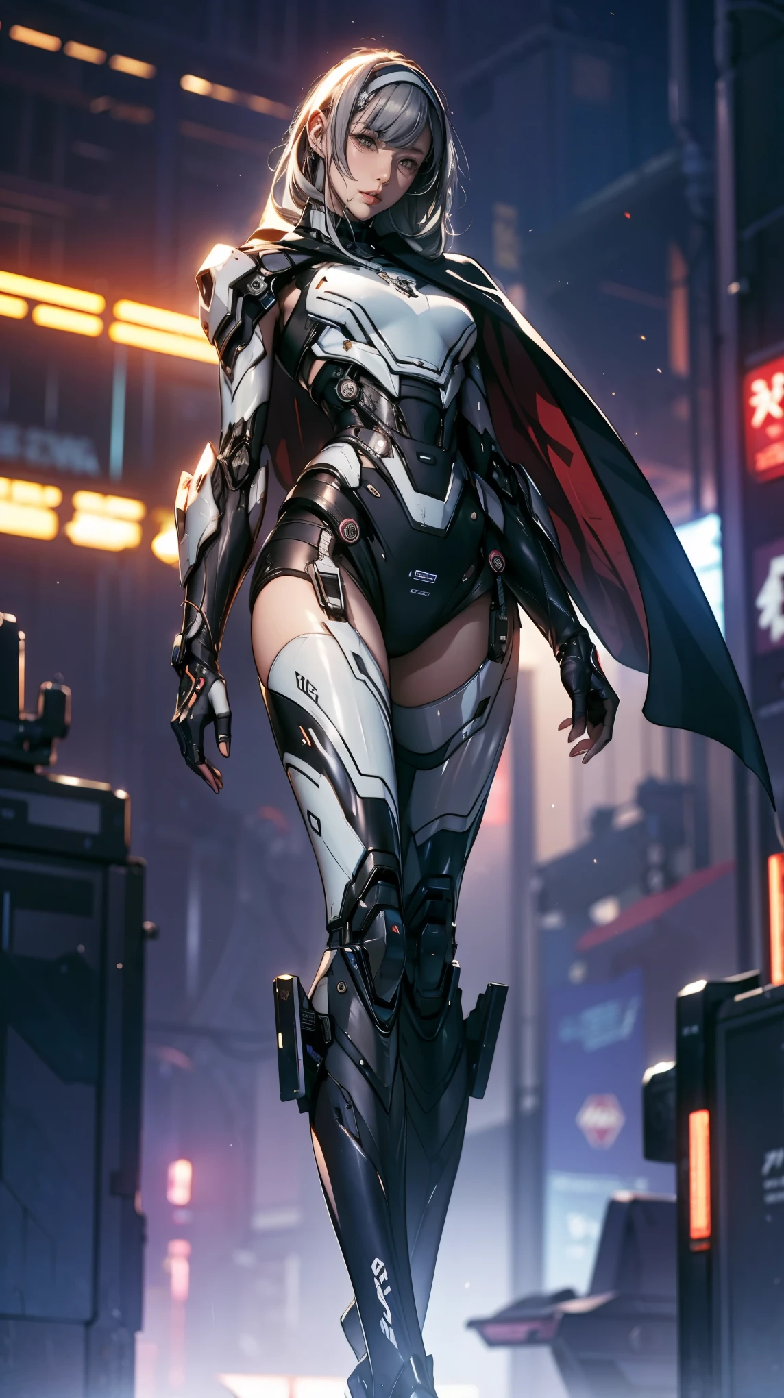 masterpiece, Highest quality, 4K, Mecha, starry null, null, performer(null), Cape, head band, Thin legs, Long Hair, Gray Hair, cyber punk, Depth of written boundary, Blurred Background,