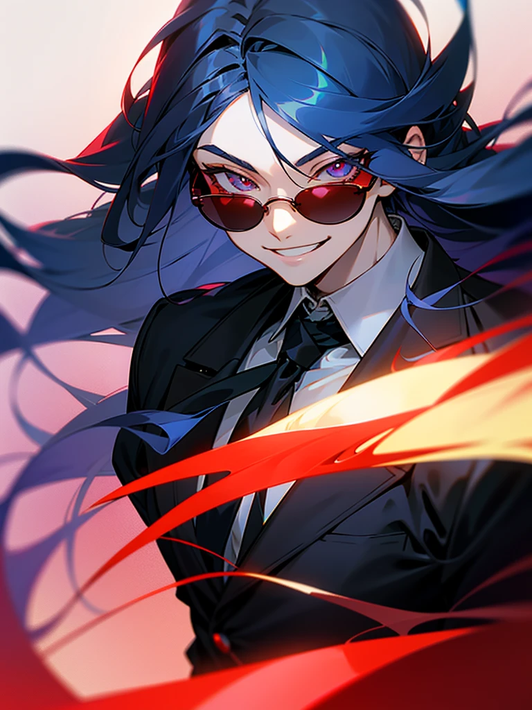 Anime boy, crimson eyes, detailed eyes, long eyelashes, dark blue hair; long flowy hair, shoulder-length hair, red sunglasses with black lenses, soft smile, smiling with teeth, black suit, white collared shirt, black tie, relaxed, gradient background