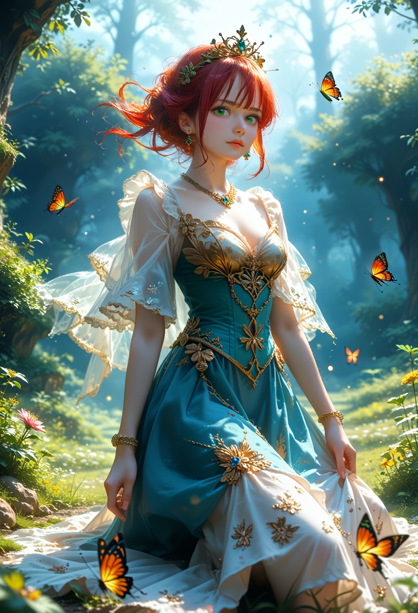 One Anime Girl About 2 With A Beautiful Figure A Beautiful Body In Full Growth With Thin Clothes Sparkles With Gold Dust With Gold Jewelry And Purple Patterns On The Dress, black and red hair, bright green eyes, Butterflies Fly Purple Gold Color with Blue Iridescence Very Many and Colorful, full detailed, masterpiece, bright colors, The Dark Night Background in the Enchanted Forest where the Lights Sparkle and Shine and Wasps Light up the Night Depths,Glitter and Beauty, Grass and Magic Moss Everything grows on the ground, very beautifully and colorfully, Large Scale Painting, score_9,score_8_up,score_7_up,dramatic lighting,highly detailed,high budget,bokeh,cinemascope,moody,epic,gorgeous,film grain,grainy,masterpiece,best quality,perfect anatomy,very aesthetic,official art,8k