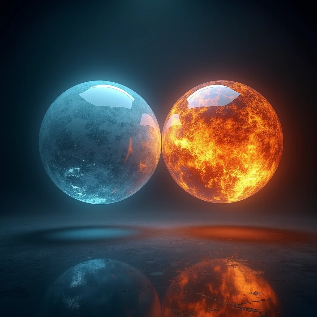 On the left is a huge opaque ball with an ice effect., On the right is a huge opaque ball with a fire effect., The ball is floating in the air., movie lights, shining light, Photo focused on the ball