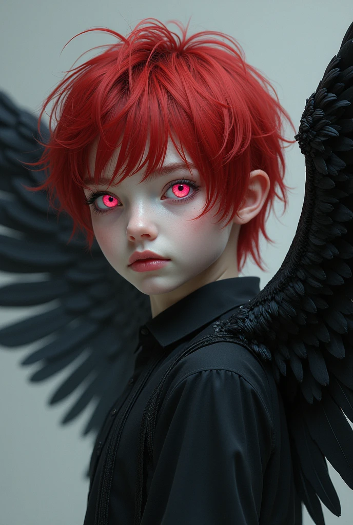 1 boy with pale white skin
Bright blood red hair
Pink eyes
Pink eyes
With raven wings on the back