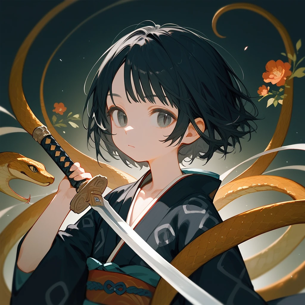 1 girl, Black Hair, iris, beautiful_face, Black snake motif, Kimono with snake scale pattern, Solo Illustration, short hair, Black kimono, Holding a sword, Upper Body, Flat Chest, Squint your eyes