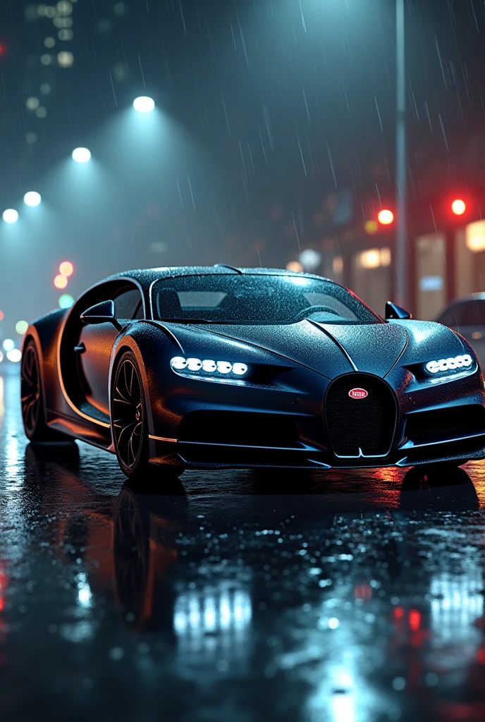 Black buggati in rainy night