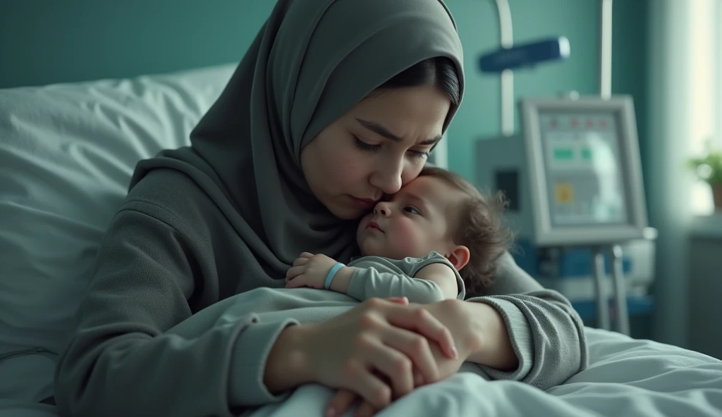 a muslim mother wearing hijab, holding a sick in a hospital bed, sad expression, detailed face, photorealistic, 8k, high quality, realistic lighting, dramatic lighting, soft colors, muted tones, emotional, tender moment, medical equipment, hospital setting