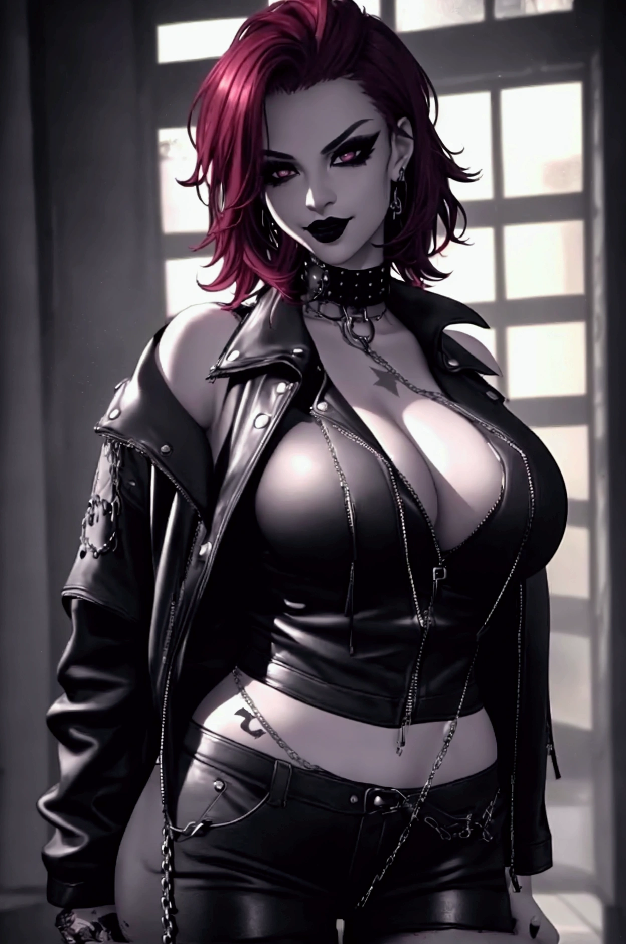 a punk girl, student, hooligan, short messy dark ginger hair, dark brown eyes, black punk clothes, punk, chains, black sleeveless top, baggy black pants, sadistic smile, aggressive, dark glossy lipstick, thug, (best quality,4k,8k,highres,masterpiece:1.2),ultra-detailed,(realistic,photorealistic,photo-realistic:1.37),cinematic lighting,dramatic shadows,gothic,dark fantasy,moody,dramatic, leather jacket hanging from the shoulders, thick body, big hips, big breasts, thin small lips, chubby hourglass body shape, full body picture 