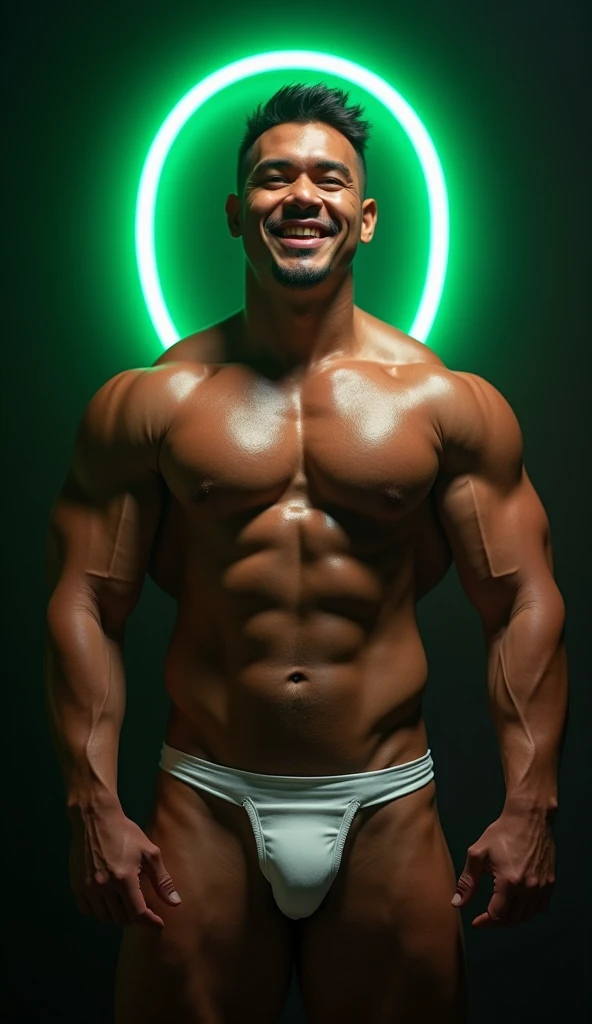 nsfw, gay, homoerotic, best quality, masterpiece, hyper realistic, extremely detailed, "0" text in green neon lights in the background, huge bulge in extremely tiny white string jockstrap, extremely handsome samoan man, stocky build, flex biceps, grinning, athletic, half body, fill frame, dark cinematic lighting, extremely dramatic shadows, no background, perfect face, perfection, no signature, no logo