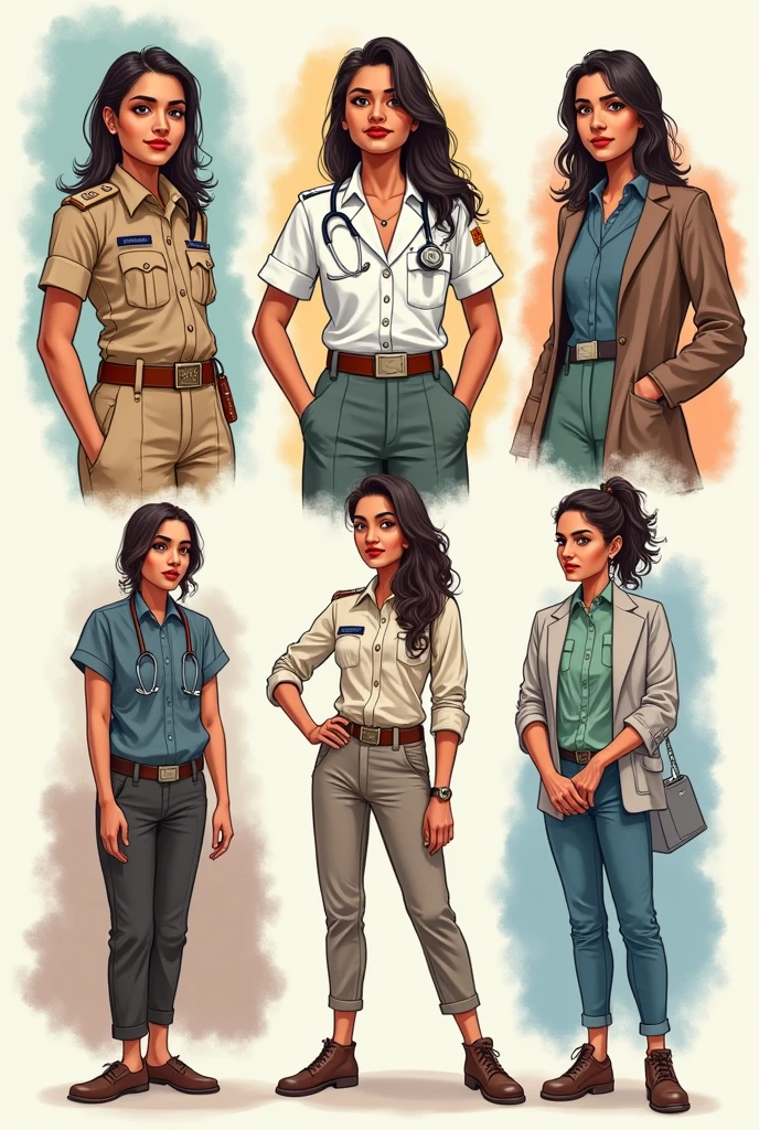 Realistic doodle art of Indian lady police officer,lady army officer,lady doctor,house wife ,office employees 