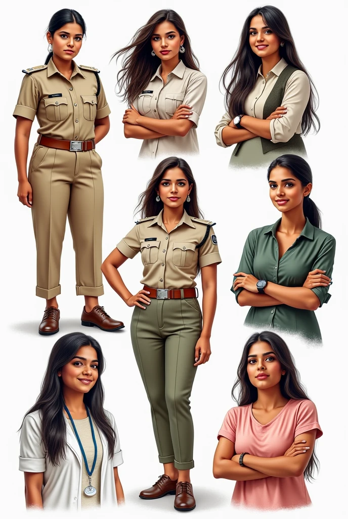 Realistic doodle art of Indian lady police officer,lady army officer,lady doctor,house wife ,office employees