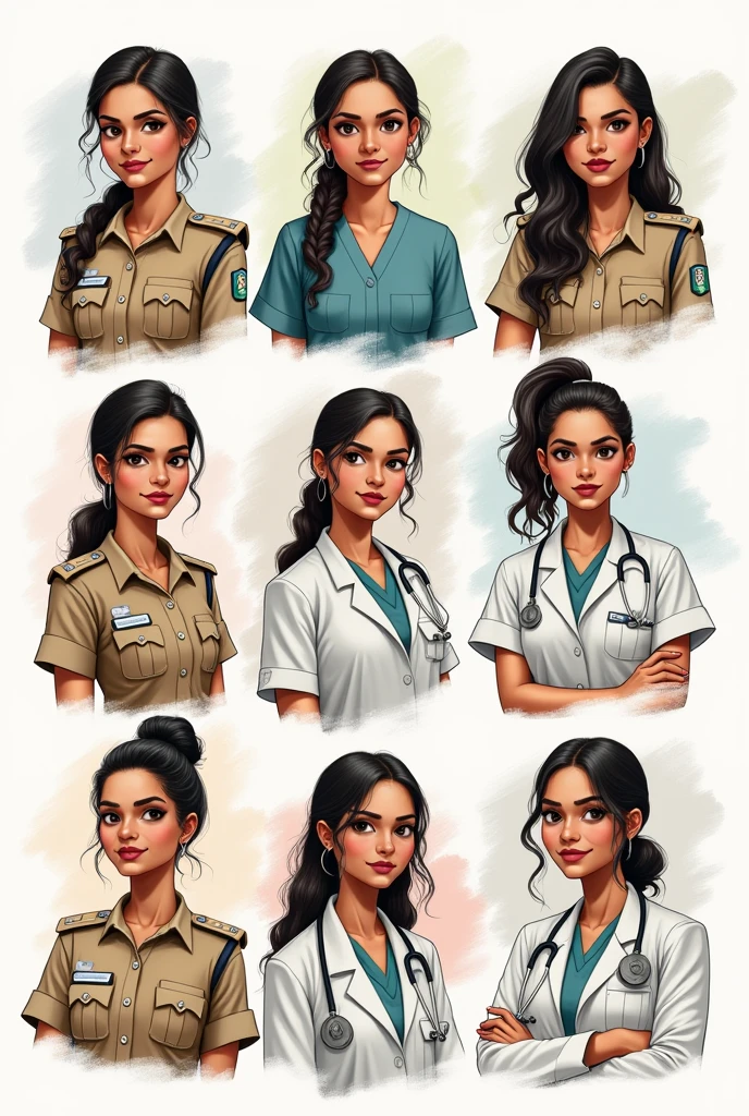 Realistic doodle art of Indian lady police officer,lady army officer,lady doctor,house wife ,office employees