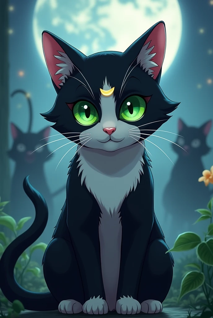 Un chat couleur tuxedo avec le blanc jusqu'entre les yeux aux yeux verts avec une lune sur le front. Avec luna et Artemis de sailor moon. Le manga. 