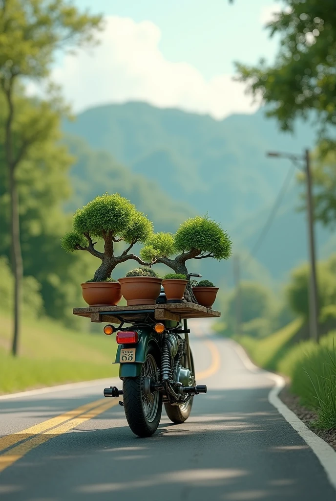 Cub motorbike carrying bonsai pots