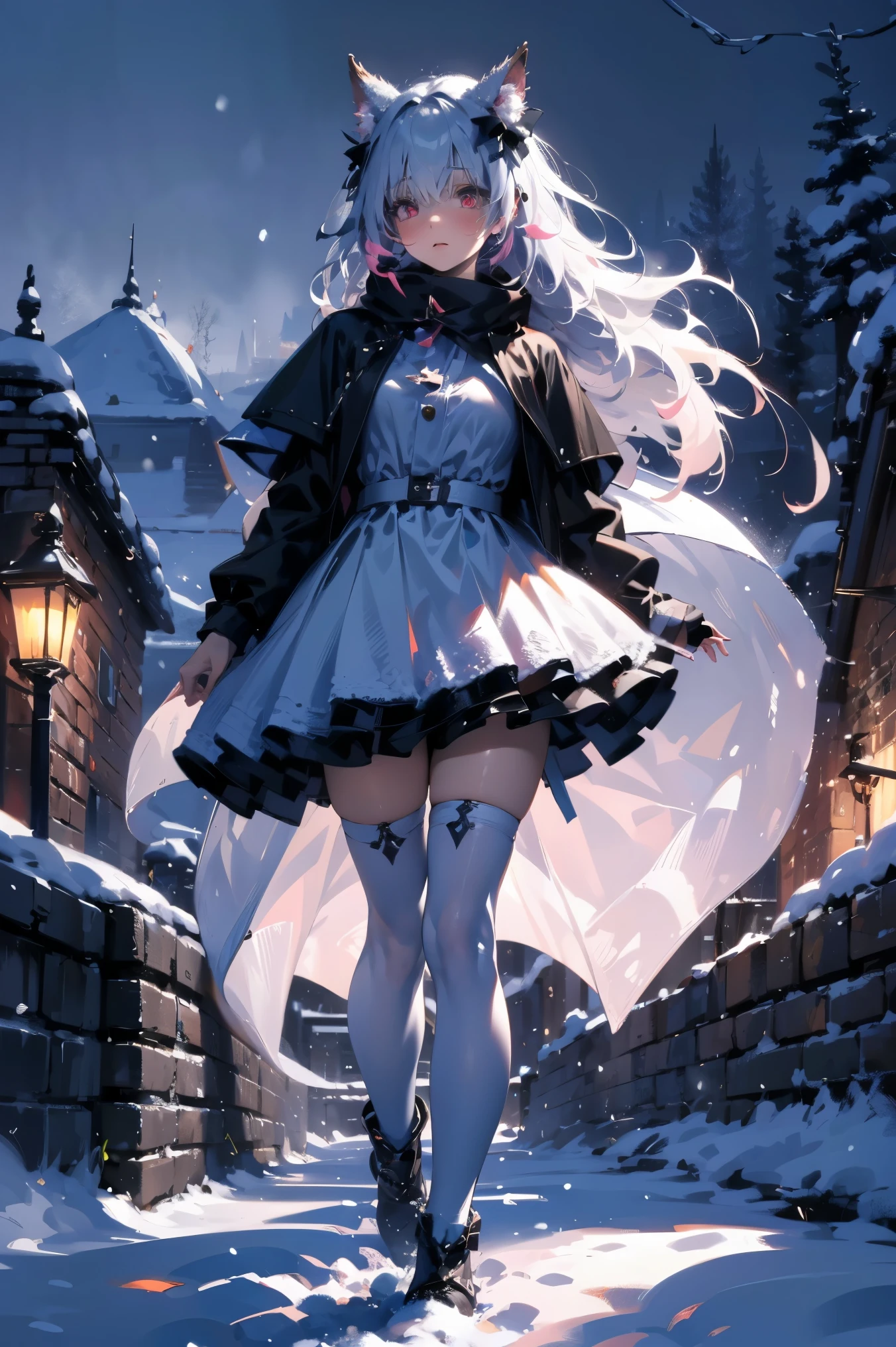 uhd, textured skin, good quality, High details, ​masterpiece, best quality, high detail face, (Amazingly absurd:1.2), (​masterpiece:1.2), fluffy, 1 Girl, Dragon ears, Dress with ruffles, glowing eyes, shining hair , Whole body love, very long hair, hair ribbon, black kneesocks, full body, Kawaiitech, soft colours, Kawaii, Beautiful colors, (Snow:1.5), (Wet:1), (Night:2), (Landscape:2),