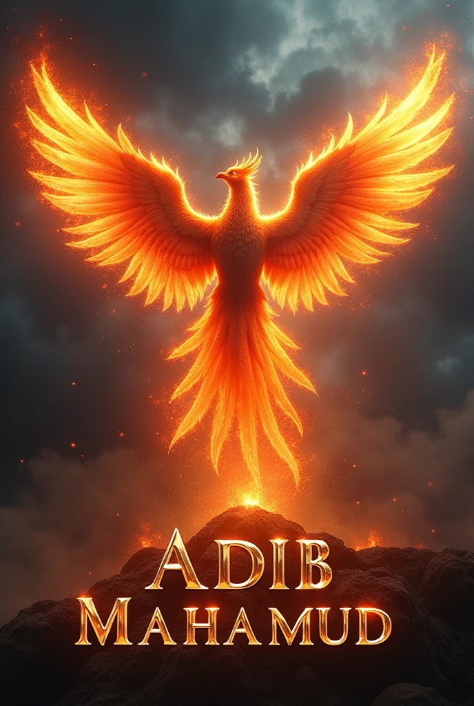 In the midst of a stormy night, a majestic phoenix emerges from the heart of a blazing inferno. Its wings, fully outstretched, are engulfed in vibrant flames that cast an eerie glow against the dark, swirling clouds. The phoenix, a symbol of rebirth and strength, rises powerfully, its feathers shimmering with an intense, fiery brilliance. Below this awe-inspiring creature, the name “Adib Mahamud” is boldly displayed in metallic lettering, reflecting the light of the flames. The overall scene is one of dramatic intensity, with the dark background enhancing the mystical and formidable aura of the phoenix, creating a striking contrast that captivates the viewer.