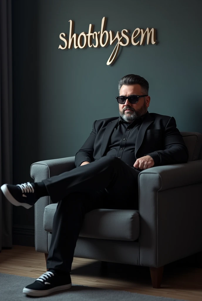 A 1 guy chubby, beard,   classic taper hair, sunglasses black, writing a black formal shirt and black blazer is sitting on a sofa with one leg up a pair of black and write lace sneakers sitting on a small gray color single sofa dark wall behind light white light shadow coming name written on the wall with capital letters slightly curved 3D text ."SHOTSBYSEN"