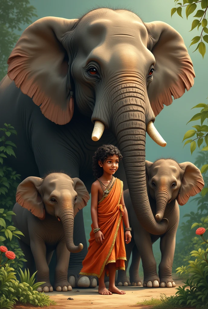 அழகிய இந்திய பத்து வயது குழந்தை, யானையும் அருகில் குட்டி யானை