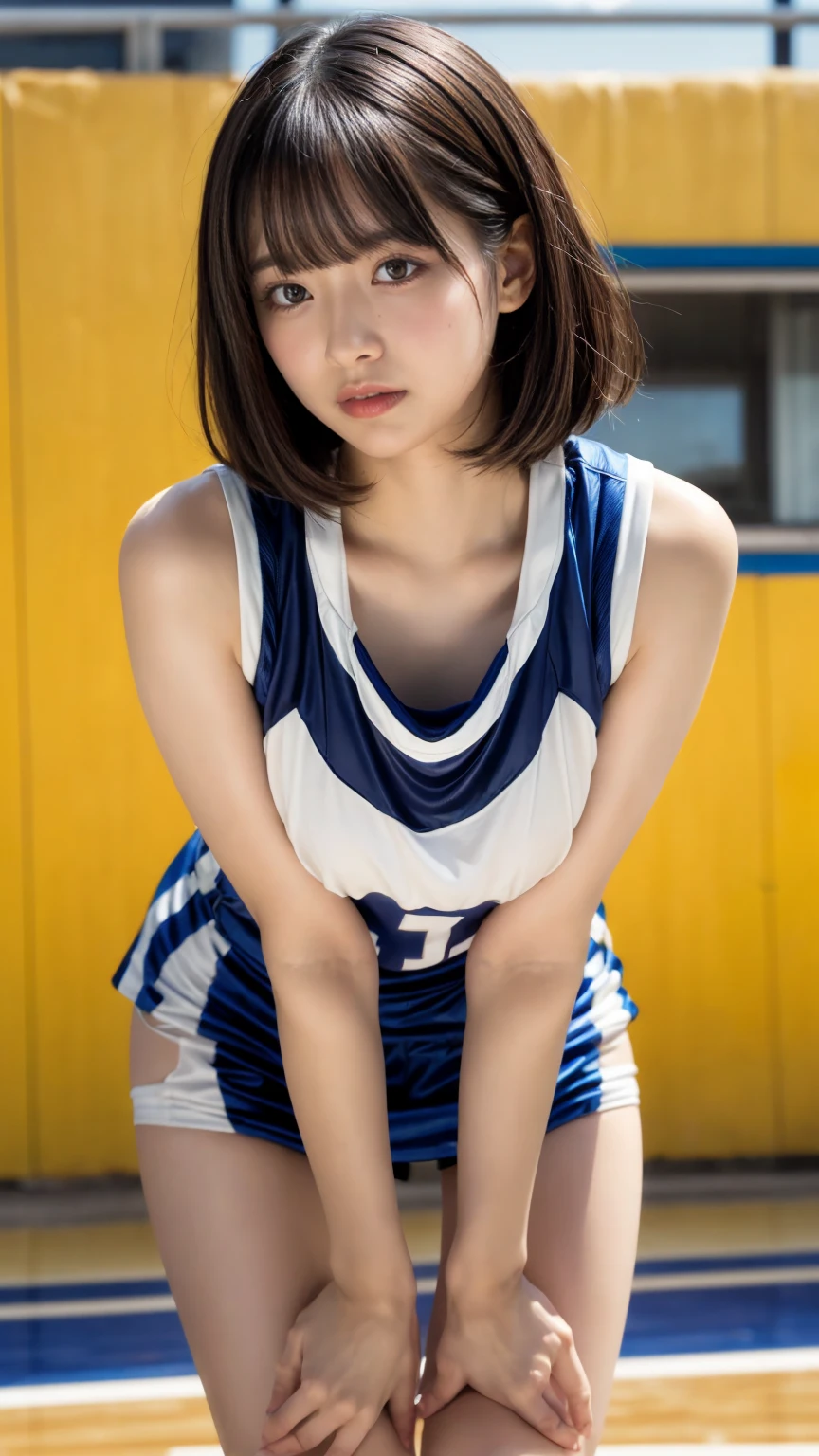 masterpiece, best quality, illustration, Super detailed, fine details, High resolution, 8K,wall paper, perfect dynamic composition,(Details High quality, realistic depiction of eyes:1.3),shiny basketball uniform,large breasts,short bob hair, black hair color, Big Natural Color Lip, bold sexy pose, crying a little、20 year old girl、cute type、beautiful legs, hposing Gravure Idol