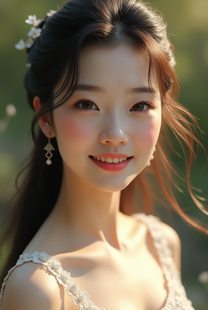 A beautiful Chinese girl of 1. White dress, long hair,A fresh and refined temperament, joyful, and healing smile.natural light, Pierre-Auguste Renoir, close-up of the face, close-up of the head, taken by a digital SLR camera, portrait, high purity color tones, unreal engine, best quality, optimal.HDR (high dynamic range), ray tracing, NVIDIA RTX, super resolution, Illusion 5, subsurface scattering, PBR texture, post-processing, anisotropic filtering, depth of field, maximum definition and sharpness, multi-layer texture, albedo and highlight map, surface coloring, accurate simulation of optical material interaction, perfect proportion, octane number rendering, two-tone lighting, large aperture, low ISO, white balance, sharpness.