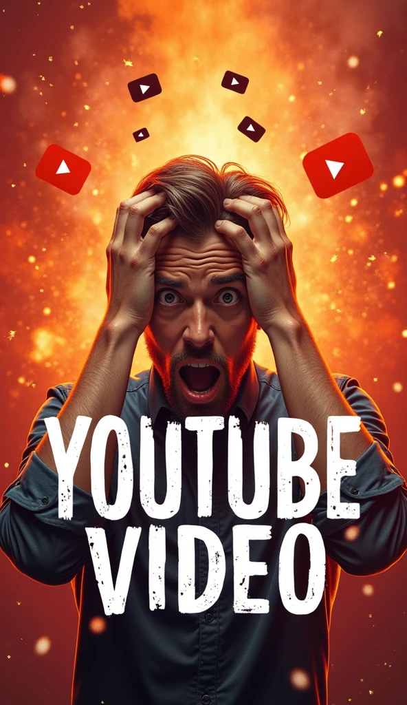 YOUTUBE THUMBNAIL DESIGN” in bold, white capital letters. The person appears to be holding their head with both hands, suggesting a gesture of surprise or exasperation. The background is fiery orange and red with sparks, which could imply excitement or intensity. There are also several YouTube play button icons scattered around the image. This image is likely relevant for discussions about creating attention-grabbing thumbnails for YouTube videos
