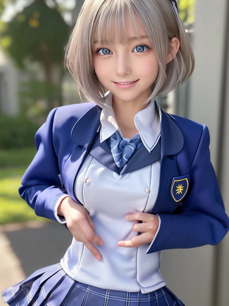 Browsing Caution,Correct human anatomy,Photorealistic One Girl,(Very detailedかわいい顔:1.5),Short Hair,Natural platinum silver hair,Bright big blue eyes,Droopy eyes,Balanced Eyes,smile,Nordic beauty,Perfect Boobs:2.0,Perfect Vagina,high quality,最high quality,8k,Ultra-realistic,Very detailed,High resolution,High resolution修正,Masterpiece,(School uniforms:2.0),(Sexual climax:1.5)